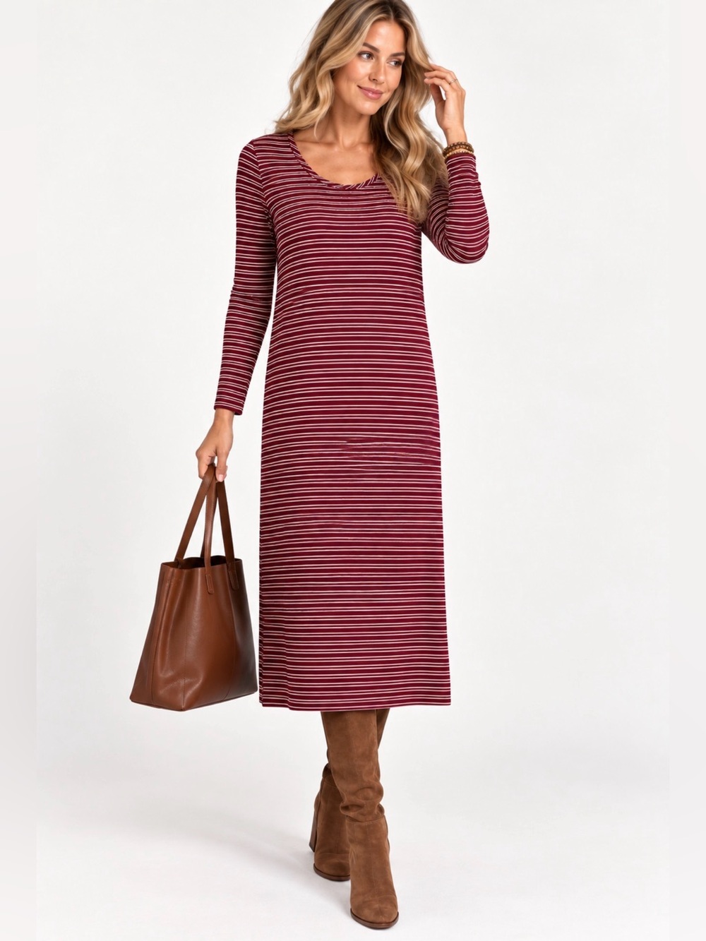 Lands' End Burgundy and White Striped Long Sleeve Dress XS